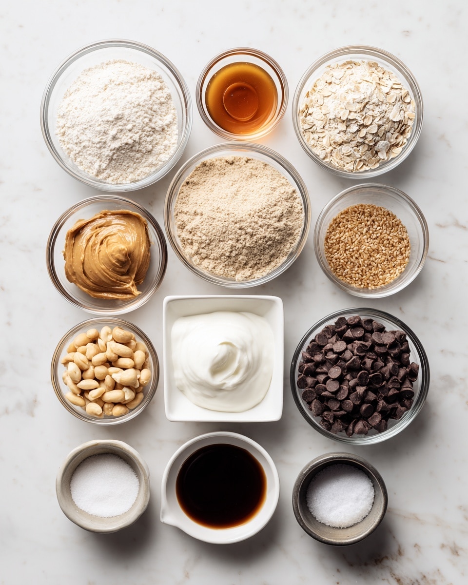 The image shows a white marbled surface with various ingredients in clear glass and white bowls arranged neatly. There are three bigger bowls at the top filled with white powdered sugar, white flour, and another white powdery ingredient. Below them are smaller white bowls holding melted yellow butter, white sugar, milk, light brown liquid, salt, and cocoa powder. In the middle, a small white bowl contains colorful pastel mini candy eggs. An egg is placed next to the bowls, and a wrapped purple chocolate bar lies on the left side. A small blue container of blue food coloring is also on the left near the candy eggs. photo taken with an iphone --ar 4:5 --v 7