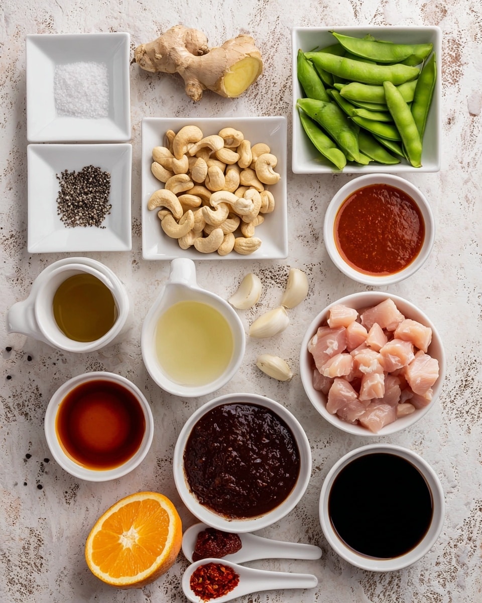 The image shows 14 white bowls and dishes arranged on a white marbled surface, each holding different ingredients. In the top row, from left to right, there is a white square dish with salt and black pepper, two pieces of fresh ginger root, a white cup with a small amount of honey, and a white bowl filled with fresh green snap peas. Below them, there is a white bowl full of cashew nuts at the center, a bowl with thick dark brown sauce on the right, and directly below, a white bowl filled with light pink diced chicken pieces. In the middle row to the left, a white cup with a clear light liquid and next to it half a sliced orange revealing vibrant orange flesh. Below the orange is a round bowl filled with reddish-brown sauce, and to the left, a square dish with a thicker, dark red sauce. Below them is a round bowl with a glossy reddish sauce, and to the right, a round bowl holding a dark soy-like liquid. On the right of the dark liquid, there is a small white dish with white powder and nearby five garlic cloves. In the lower right corner, two white spoons hold small amounts of red chili flakes. The items are carefully placed to show their colors and textures clearly. Photo taken with an iphone --ar 4:5 --v 7