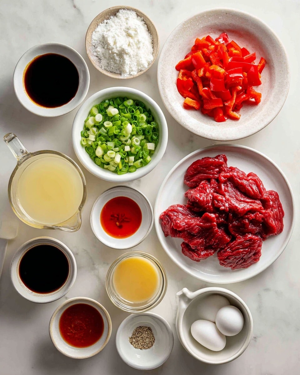 The image shows a white marbled surface with small white bowls and containers, each with different cooking ingredients arranged neatly. There is a white bowl with red pieces of red bell peppers on the right, above that is a small white bowl filled with green chopped spring onions, and next to the peppers is a small white bowl of finely minced garlic. Below these are several small bowls containing various sauces and liquids: dark brown hoisin sauce, black soy sauce, red sweet chili sauce, bright red ketchup, a light yellow pitcher of chicken stock, and a small glass container of white vinegar. On a separate white plate, there are raw red flank steak slices sprinkled with salt and pepper, next to small bowls of cornstarch, neutral oil, soy sauce, and two egg whites in a bowl. The whole scene is brightly lit, showing a clean and organized preparation for cooking. photo taken with an iphone --ar 4:5 --v 7
