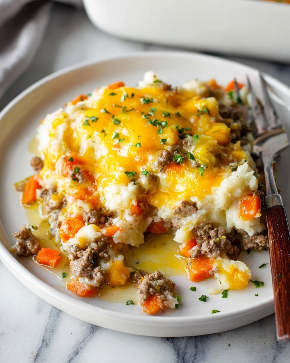 This image shows a baked casserole in a white ceramic dish with handles. The top layer is golden brown melted cheese with patches of white and darker brown where it is slightly crisp. Underneath the cheese, bits of green leafy vegetables and browned ground meat pieces are visible, mixed in with a creamy, beige base layer. The edges of the casserole have a slight crust with some browned spots, and the casserole dish sits on a white marbled surface. photo taken with an iphone --ar 4:5 --v 7