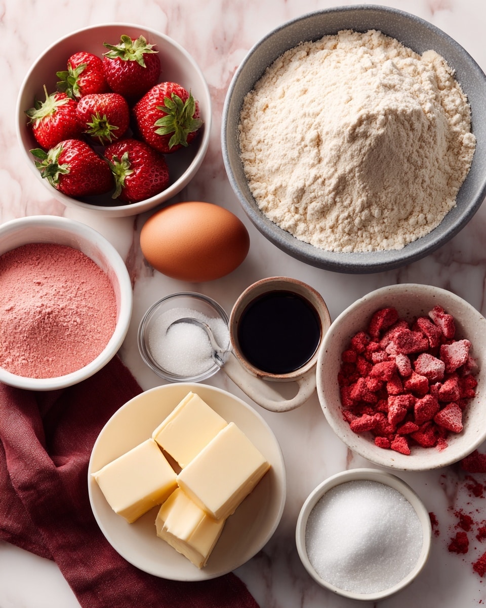 The image shows several small white bowls and a gray bowl arranged on a white marbled surface, each with a different ingredient. In the large gray bowl at the top right, there is a heap of light beige all-purpose flour. To the left, a white bowl holds fresh bright red strawberries with green leafy tops. Below that, a small white bowl contains pink freeze-dried strawberry powder. A whole brown egg sits nearby on the surface. Next to the egg, there is a tiny clear bowl with white baking powder and a small dark bowl with black vanilla extract. In the center bottom, a scalloped white bowl holds two blocks of pale yellow unsalted butter. On the bottom right, a bigger white bowl is filled with white sugar, sitting on a folded dark red cloth. To the right of the gray bowl, there is a white bowl filled with bright red freeze-dried strawberry pieces. Scattered freeze-dried strawberry crumbs add detail on the white marbled surface photo taken with an iphone --ar 4:5 --v 7