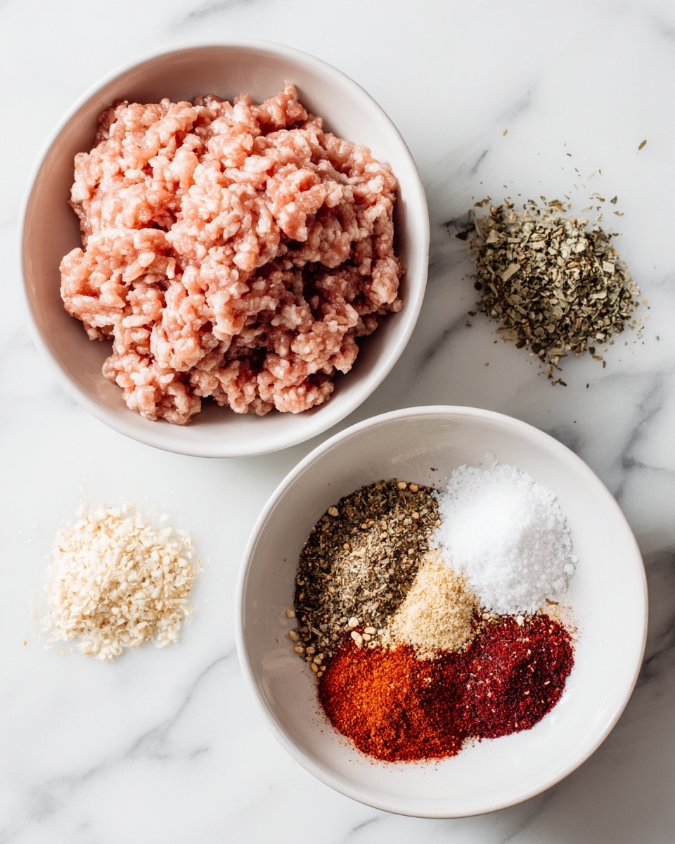 A dark frying pan filled with seven browned sausage patties arranged unevenly inside, with a metal spatula lifting one patty on the right side of the pan. The patties have a crispy, slightly textured surface with golden-brown and darker brown spots. The pan is set on a white marbled surface, with a blue and white striped cloth under the pan handle. In the top left corner, a white plate holds a serving of light yellow scrambled eggs, and a glass of orange juice is partially visible on the right side. photo taken with an iphone --ar 4:5 --v 7