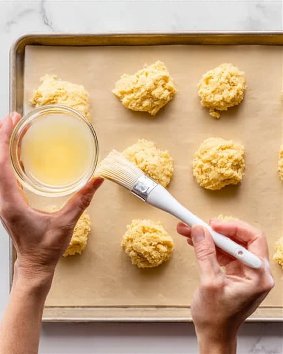 The image shows six small mounds of light yellow dough spaced evenly on a parchment-lined baking sheet placed on a white marbled surface. Two woman's hands are visible; the left woman's hand holds a small clear glass bowl filled with a pale yellow liquid, while the right woman's hand uses a white brush to apply the liquid onto one dough mound. The dough pieces have a rough, uneven texture and appear soft and dense. photo taken with an iphone --ar 4:5 --v 7