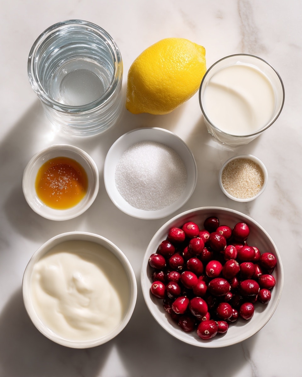The image shows several ingredients arranged on a white marbled surface. There is a clear glass bottle filled with water at the top left, next to a small lemon wedge that is yellow with a visible texture. To the right, there is a transparent glass filled with white milk. Below the lemon, there is a white bowl holding white granulated sugar, and next to it further to the right are two small white bowls, one filled with amber-colored vanilla essence and the other with light powder gelatin. At the bottom left, a clear glass contains heavy cream, looking smooth and white. On the bottom right, a white bowl holds fresh, round, shiny red cranberries of varying sizes. All items are set clearly with soft natural light, and the setting is clean and neat. photo taken with an iphone --ar 4:5 --v 7