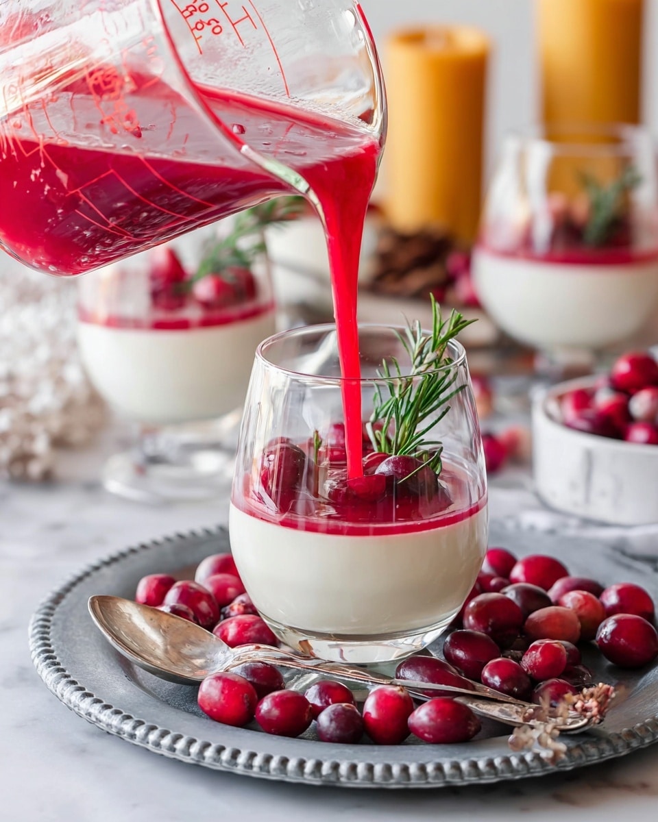 A clear glass filled with a creamy white panna cotta layer topped with a bright red sauce being poured from a clear measuring cup above. The glass sits on a round gray metal tray with a beaded edge, surrounded by fresh whole and halved cranberries and a sprig of rosemary. A spoon lies on the tray next to the glass. In the background, there are other glasses with panna cotta and red sauce on a white marbled surface, along with yellow candles and more cranberries in tall glasses. photo taken with an iphone --ar 4:5 --v 7