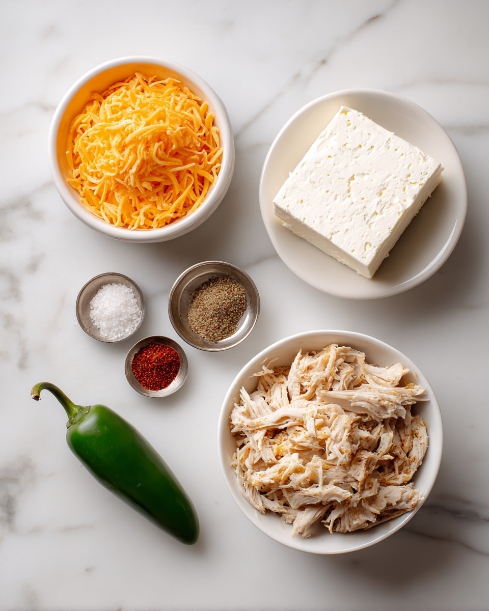 Five ingredients are shown on a white marbled surface: a white bowl with orange shredded cheddar cheese on the left, a smaller white bowl with a block of white cream cheese on the upper right, a small silver dish with four spices (red paprika, light brown cumin, white salt, and dark brown spice) on the upper left, a whole green jalapeño pepper below the spice dish, and a medium white bowl filled with light brown shredded chicken on the lower right. The ingredients are spaced neatly, creating a clean and organized look. photo taken with an iphone --ar 4:5 --v 7