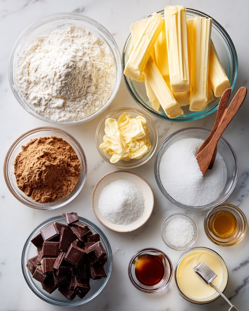 A top view of various baking ingredients arranged on a white marbled surface. There are nine clear glass bowls and containers, each holding a different ingredient: a bowl with white all-purpose flour with a soft powdery texture, a bowl with large yellow sticks of butter, a smaller bowl filled with dark brown packed brown sugar showing a grainy texture, a bowl of dark semisweet chocolate chunks, a bowl with fine white sugar, and a small dish of white salt with a tiny wooden spoon placed inside. There is a small jar containing white flaky sea salt, an opened small can of creamy light yellow sweetened condensed milk, a tiny bowl with vanilla extract and a small wooden spoon, and a small bowl of transparent corn syrup with a wooden spoon as well. All ingredients are neatly spaced apart on the smooth white marbled surface, and all glass bowls are clear to show the texture and colors of each ingredient. Photo taken with an iphone --ar 4:5 --v 7