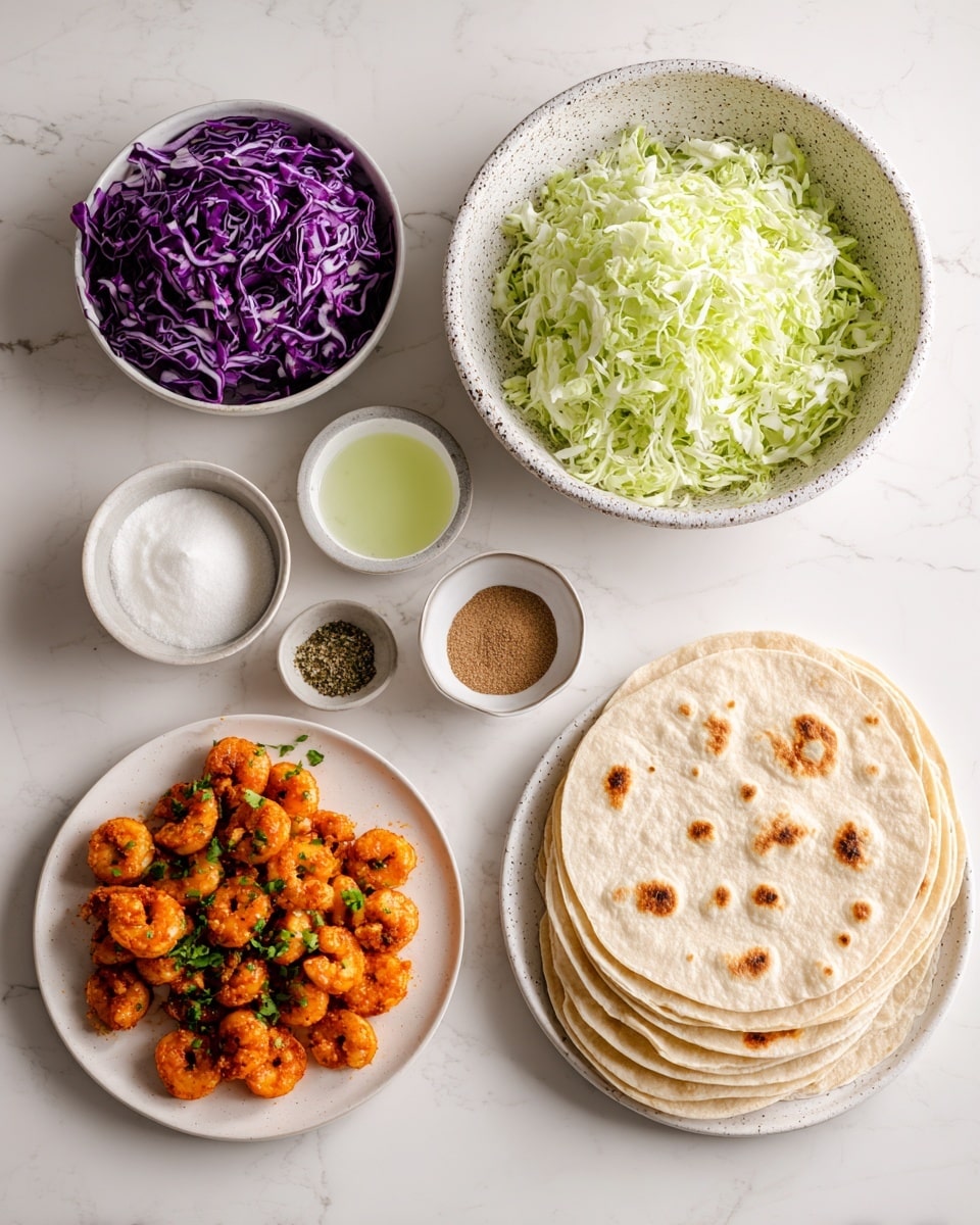 The image shows ingredients for making buffalo shrimp tacos arranged on a white marbled surface. On the top right, a large white speckled bowl holds four small white bowls with lime juice (light green liquid), brown cumin powder, salt and pepper mix, and thick white yogurt. To the left, there is a white plate piled with shredded green cabbage on top and purple cabbage below it, both finely sliced with visible texture and layers. On the bottom right, a white plate is filled with crispy golden-orange buffalo shrimp showing a crunchy coating and small green herb pieces sprinkled on top. Next to the shrimp, a neat stack of white corn tortillas with slight grill marks is placed, showing soft texture and round shape. The colors are bright and the arrangement is neat and clear photo taken with an iphone --ar 4:5 --v 7