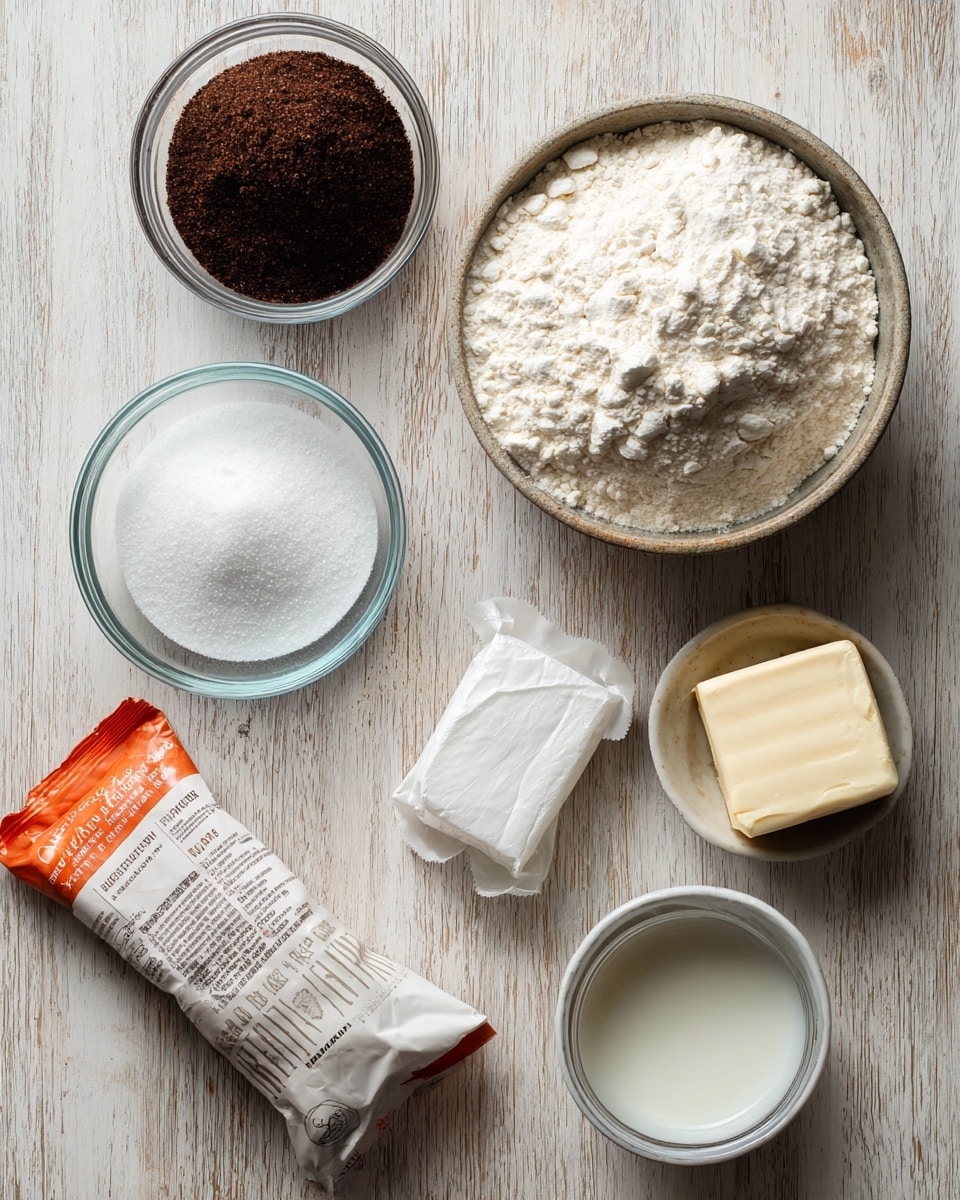 The image shows a wooden table with baking ingredients spaced apart. Starting from the top left, there is a crinkled bag of dark brown sugar in a transparent plastic wrapper with pink and blue label. To the right, a large white and blue bag of all-purpose flour stands upright. In the center near the top is a small clear glass bowl filled with white powder labeled as salt, baking soda, and active dry yeast. Below the flour bag on the right side, there is a small white rectangular package of unsalted butter. Bottom right of the image shows a small clear glass cup filled with a white liquid labeled sourdough discard. In the bottom left corner, an orange and white packet of pretzel sea salt is lying flat. The surface is wooden but should be imagined as white marbled texture. photo taken with an iphone --ar 4:5 --v 7