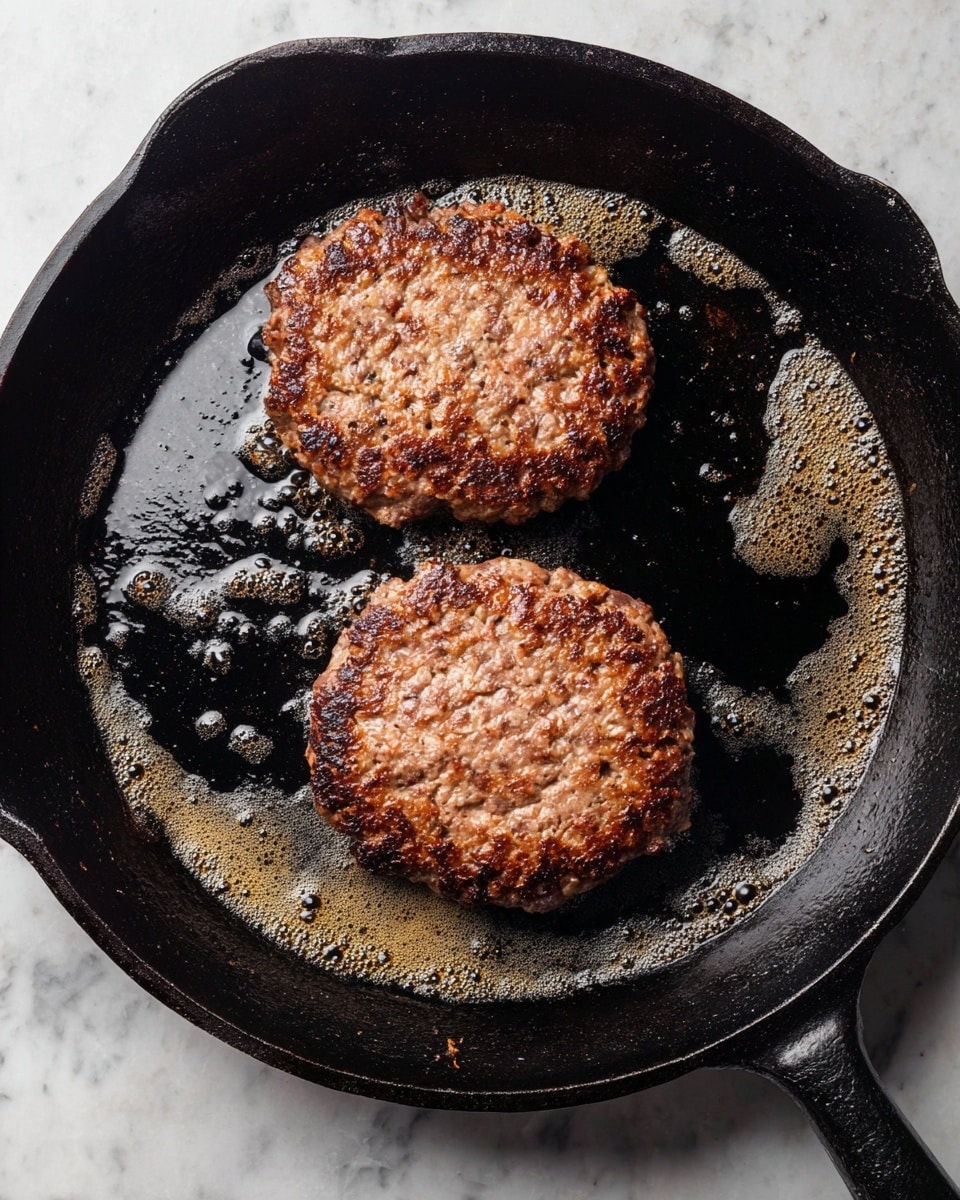 Two browned burger patties with a rough, slightly uneven texture are cooking in a black cast-iron pan. The surface of the patties shows some small crispy spots and a mix of light and dark brown colors. The pan contains small bubbling oil droplets around the patties, with some blackened bits stuck to the cooking surface. The pan handle is visible, and the pan is placed on a white marbled textured surface. photo taken with an iphone --ar 4:5 --v 7
