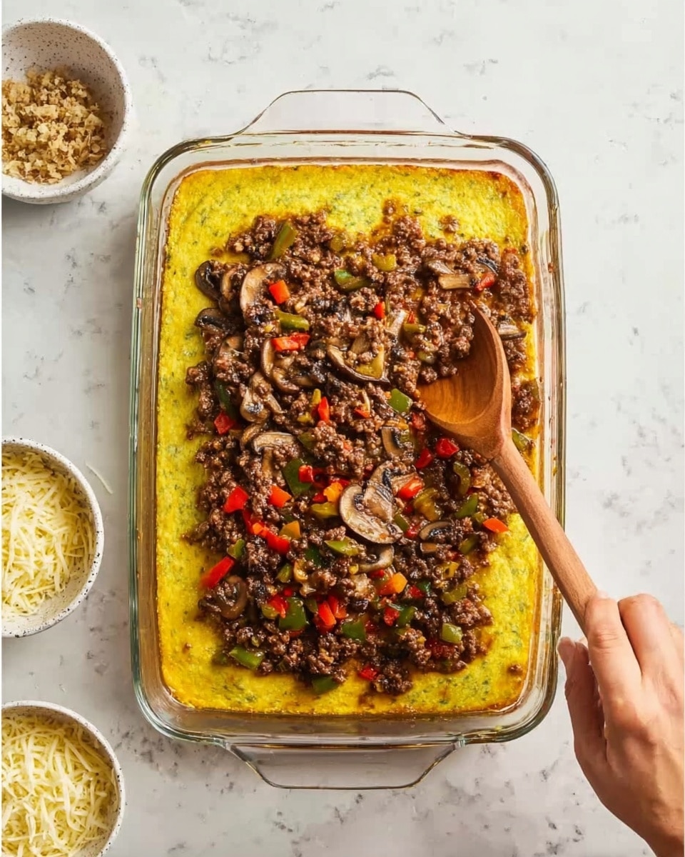 A clear glass rectangular baking dish holds a two-layer casserole on a white marbled surface. The bottom layer is smooth and yellow-green, with a soft texture suggesting a vegetable or cheese base. The top layer is a mixture of cooked ground meat, dark brown mushrooms, and small diced red and green bell peppers, spread unevenly across the center. A woman's hand is holding a wooden spoon, stirring or spreading the top layer over the bottom layer. Nearby, small white bowls with shredded white and yellow cheese are partially visible. photo taken with an iphone --ar 4:5 --v 7