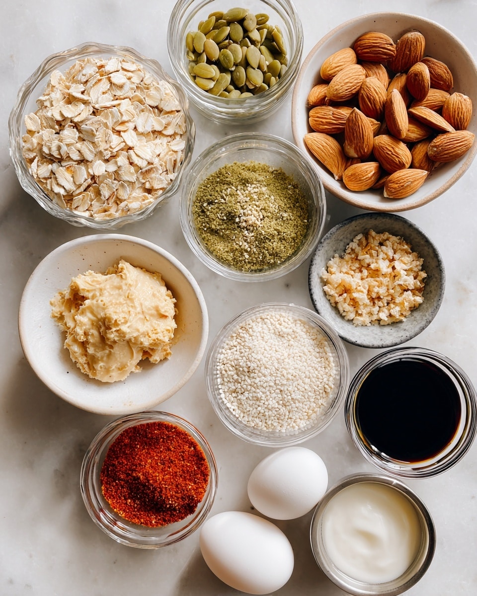 A top-down view of various small clear glass bowls and seasoning jars arranged on a white marbled surface, each bowl or jar containing a different ingredient: old-fashioned oats showing a light beige texture with flakes, cashew butter with a creamy pale beige surface, pumpkin seeds that are green and flat, almonds in a warm brown tone, and grated parmesan cheese off-white and powdery in texture. There are three seasoning jars with black lids holding garlic powder (a light beige fine powder), Italian seasoning (greenish dried herbs), sesame seeds (small white seeds), and paprika (bright red powder). A small white bowl contains coarse white salt. Two whole egg whites are visible below, along with a small clear bowl of smooth, transparent coconut oil, and a small metal bowl containing dark Worcestershire sauce. Photo taken with an iphone --ar 4:5 --v 7