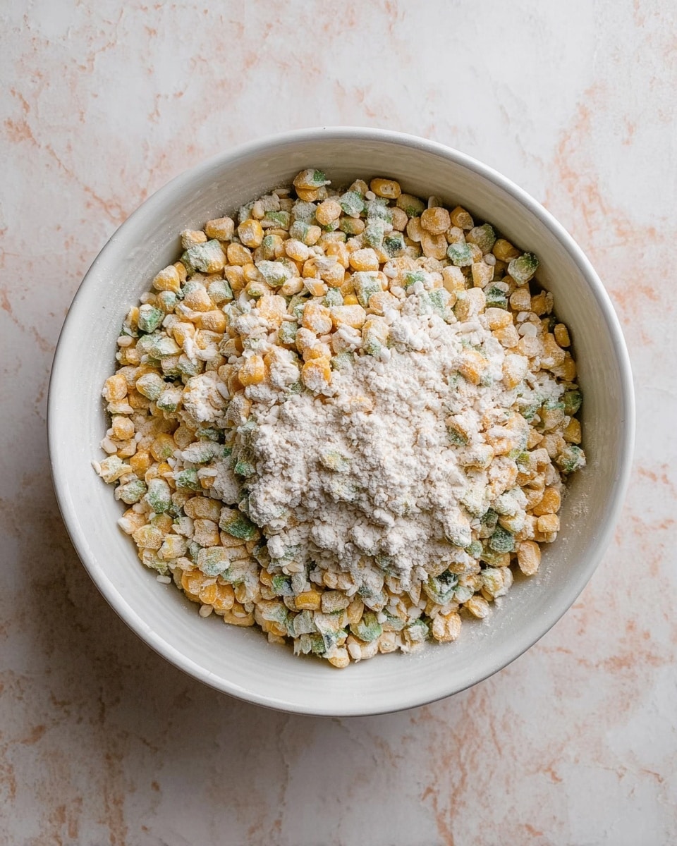 A white bowl filled with small, mixed pieces of corn and green vegetables, all dusted with a light white powder that gives a slightly rough texture, sitting on a white marbled surface. The mixture inside the bowl shows a blend of yellow and green colors with the white powder evenly coating the ingredients, creating a soft, powdery look over the entire content, photo taken with an iphone --ar 4:5 --v 7
