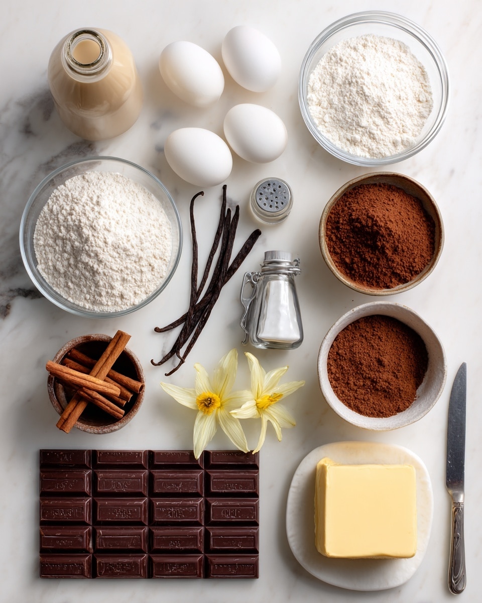 The image shows simple drawings of baking ingredients arranged in a grid on a white marbled background. At the top, there is a bag of yeast in light brown and beige, next to a blue and white milk carton, a clear bowl filled with white sugar, and two white eggs. Below them, a sack of white flour with a metal scoop, a pile of brown cocoa powder, and a clear salt shaker with a gray top. The next row shows two vanilla beans and a vanilla flower, a brown bowl filled with cinnamon powder next to a cinnamon stick, and a yellow block of butter on a white dish with a knife. At the bottom, there is a dark brown chocolate bar divided into squares. Each item is simple and cartoon-like with neat black text above or below stating the ingredient name. photo taken with an iphone --ar 4:5 --v 7