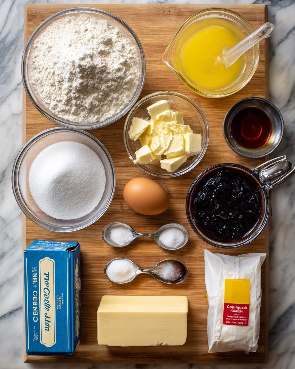 A top-down view of a wooden surface showing baking ingredients arranged neatly. There is a clear glass bowl at the top left filled with white all purpose flour, next to a clear measuring cup with light yellow melted butter. Below them, a clear glass bowl holds white granulated sugar on the left, and a smaller clear bowl in the center holds one brown egg and one white egg. To the right, a metal measuring cup contains dark blueberry jam. Below, a wrapped stick of light yellow butter sits beside a blue box of cream cheese. Near the bottom left, small metal spoons contain white baking soda, white salt, and brown vanilla extract. At the bottom right, a white bag of powdered sugar with a yellow and red label lies flat. The wooden surface is replaced with a white marbled texture. photo taken with an iphone --ar 4:5 --v 7