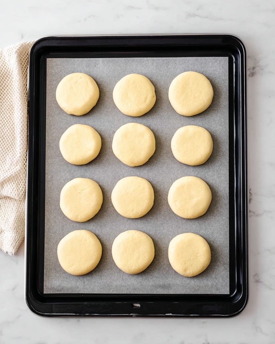The image shows a black baking tray lined with light gray parchment paper, placed on a white marbled surface. On the parchment paper, there are twelve smooth, round, pale yellow dough pieces arranged in a four-by-three grid. The dough pieces are evenly spaced, with a soft texture and slightly flattened shape. In the top left corner, there is a hint of a cream-colored cloth peeking into the frame. photo taken with an iphone --ar 4:5 --v 7