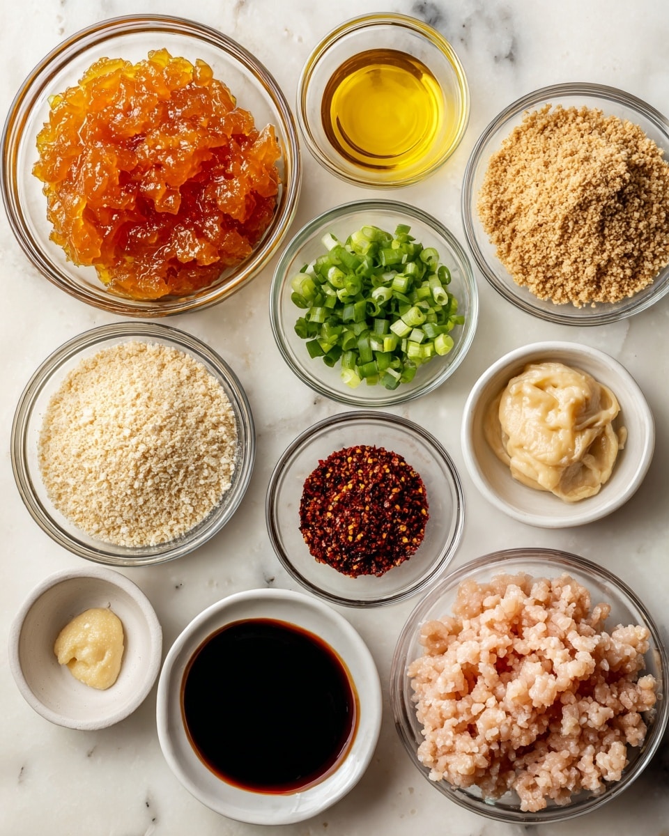 The image shows a set of clear glass bowls placed on a white marbled surface, each bowl holding a different cooking ingredient arranged in a loose grid. In the top left, a large bowl contains thick, orange-colored orange marmalade with a slightly chunky texture. To its right is a small bowl filled with light brown sesame oil, next on the right is a small bowl with bright yellow olive oil. Below the marmalade is a medium bowl with a dark brown soy sauce that has a smooth surface. Next to it is a small bowl with crunchy, dark red crushed red pepper flakes. To the right of the soy sauce is a medium bowl filled with thick, black hoisin sauce that looks glossy. Beside it, a tiny bowl holds creamy light tan ginger paste. Near the bottom right corner, a white bowl contains raw ground chicken or turkey meat, pinkish in color with a soft texture. Below the hoisin sauce to the left, a small bowl is packed with pale off-white panko breadcrumbs with a dry, grainy texture. To the left of the panko are small bowls filled with finely chopped green scallions and minced garlic, the garlic pieces are off-white with a smooth look. Near the bottom in the center is a small bowl of white milk, slightly reflective on its surface. All bowls are neatly spaced, and the white marbled surface beneath adds a clean backdrop. photo taken with an iphone --ar 4:5 --v 7
