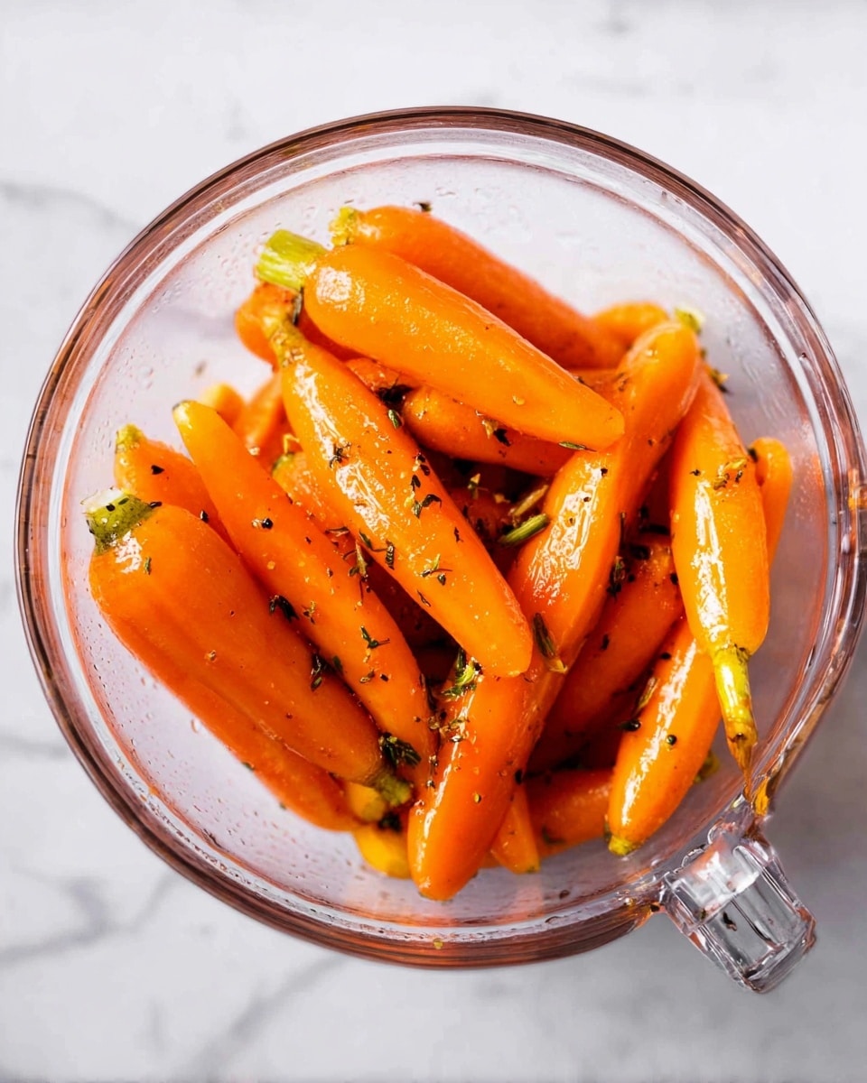 A clear glass bowl filled with bright orange cooked carrots stacked close together, some showing slightly dark green tops, and tiny seasoning specks scattered on their shiny surfaces. The bowl has a handle and is resting on a white marbled surface, with water droplets visible inside the bowl adding a fresh, moist look. photo taken with an iphone --ar 4:5 --v 7
