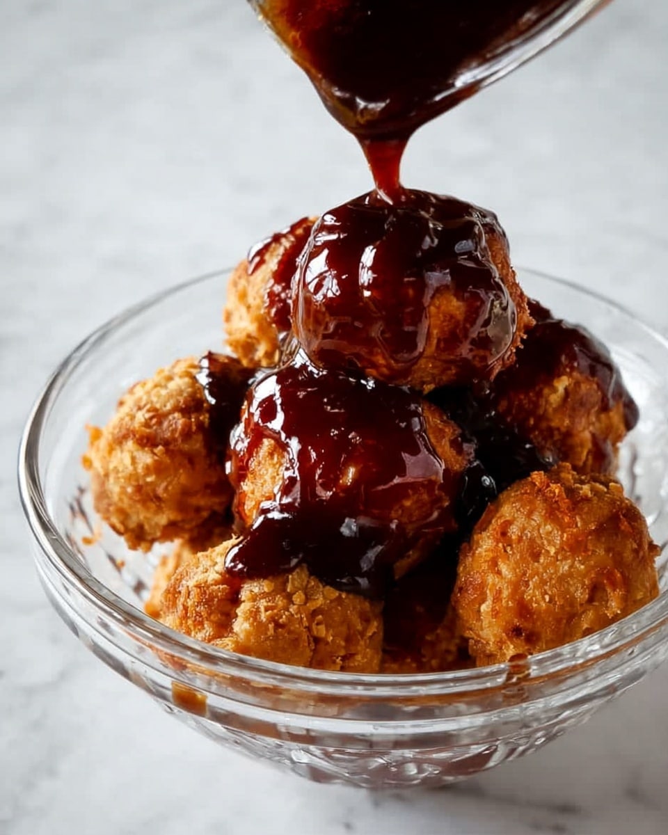A clear glass bowl holds a stack of golden brown meatballs, each with a rough texture and slightly uneven round shape. Dark brown sauce is being poured slowly from above, covering the top meatballs and dripping down their sides, adding a shiny and thick layer on top. The bowl sits on a white marbled surface that adds a clean and simple look to the image. photo taken with an iphone --ar 4:5 --v 7
