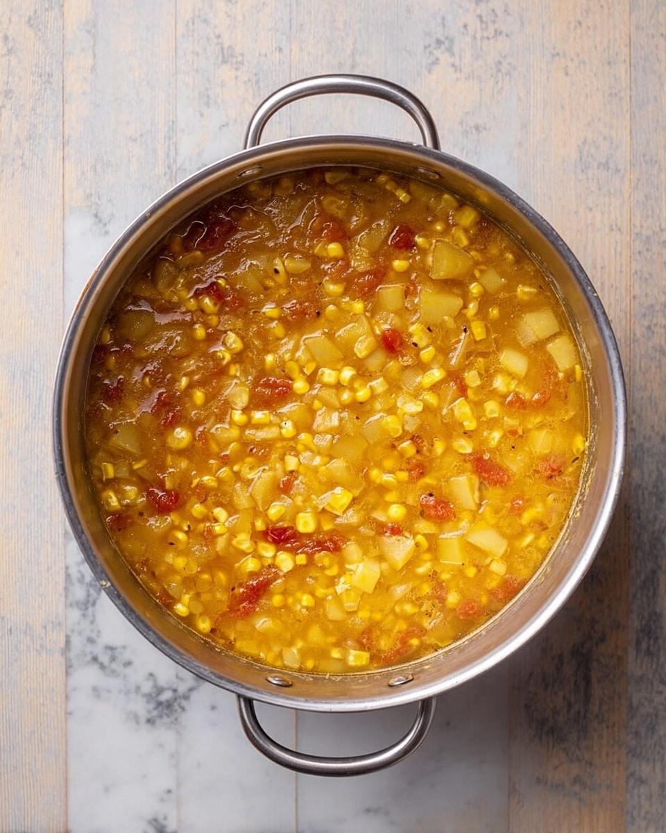 A top view of a large silver pot filled with a chunky soup that has a warm, golden-yellow broth. Inside, there are bright yellow corn kernels, translucent soft onions, pale yellow potato pieces, and small bits of red tomato spread evenly throughout. The pot is resting on a white marbled surface, and the wooden texture of the background is visible around the pot. The soup looks thick with a mix of smooth liquid and textured vegetables, all blending together naturally. photo taken with an iphone --ar 4:5 --v 7