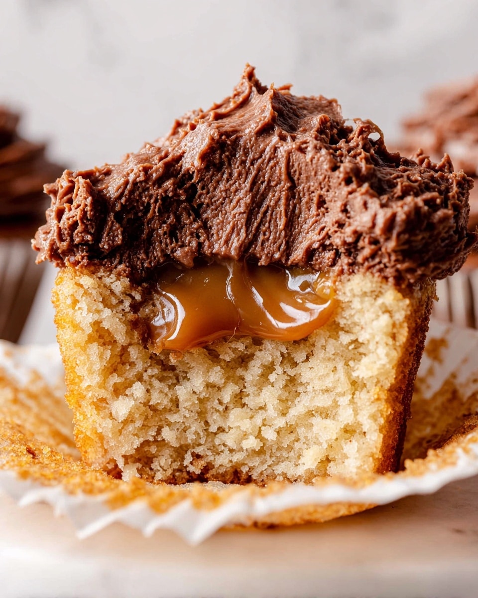 A close-up view of a cupcake with three visible layers: the bottom layer is a light brown, moist cake with visible crumbs and texture; the middle layer is a smooth, glossy caramel filling that looks soft and slightly melted; the top layer is a rich, thick swirl of chocolate frosting with a rough texture and defined peaks, sitting on top of the cake. The cupcake wrapper is slightly peeled back, revealing the cake inside. The scene is set on a soft white marbled surface with a blurred background of another cupcake in the distance. Photo taken with an iphone --ar 4:5 --v 7