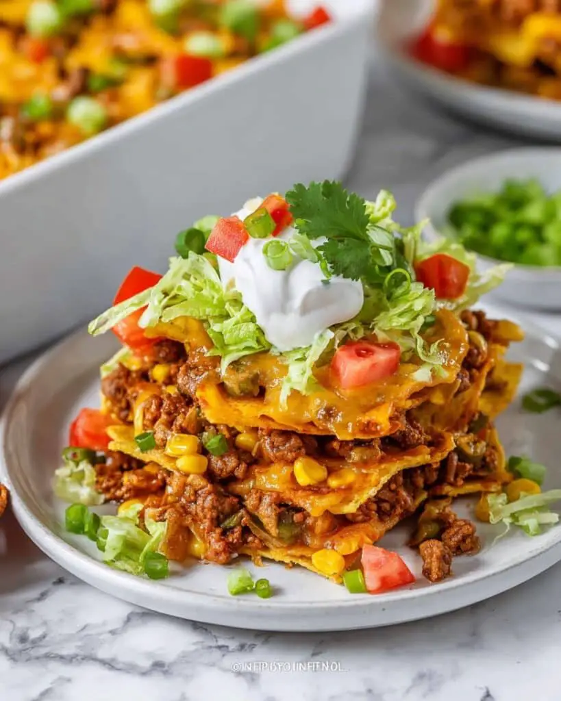Cheesy Taco Bake with Lettuce, Tomato, and Sour Cream Recipe