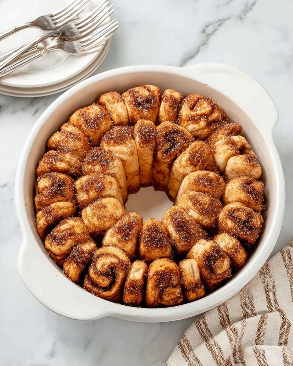 The image shows a round Bundt pan filled with many pieces of cinnamon roll dough. The rolls are arranged close together, showing brown and golden textures with a dark cinnamon filling swirled inside. The dough looks soft and baked with a slight crisp on top, sprinkled with sugar. The pan is white with a scalloped edge, sitting on a white marbled surface next to a light striped cloth and a white plate holding three forks. Photo taken with an iphone --ar 4:5 --v 7