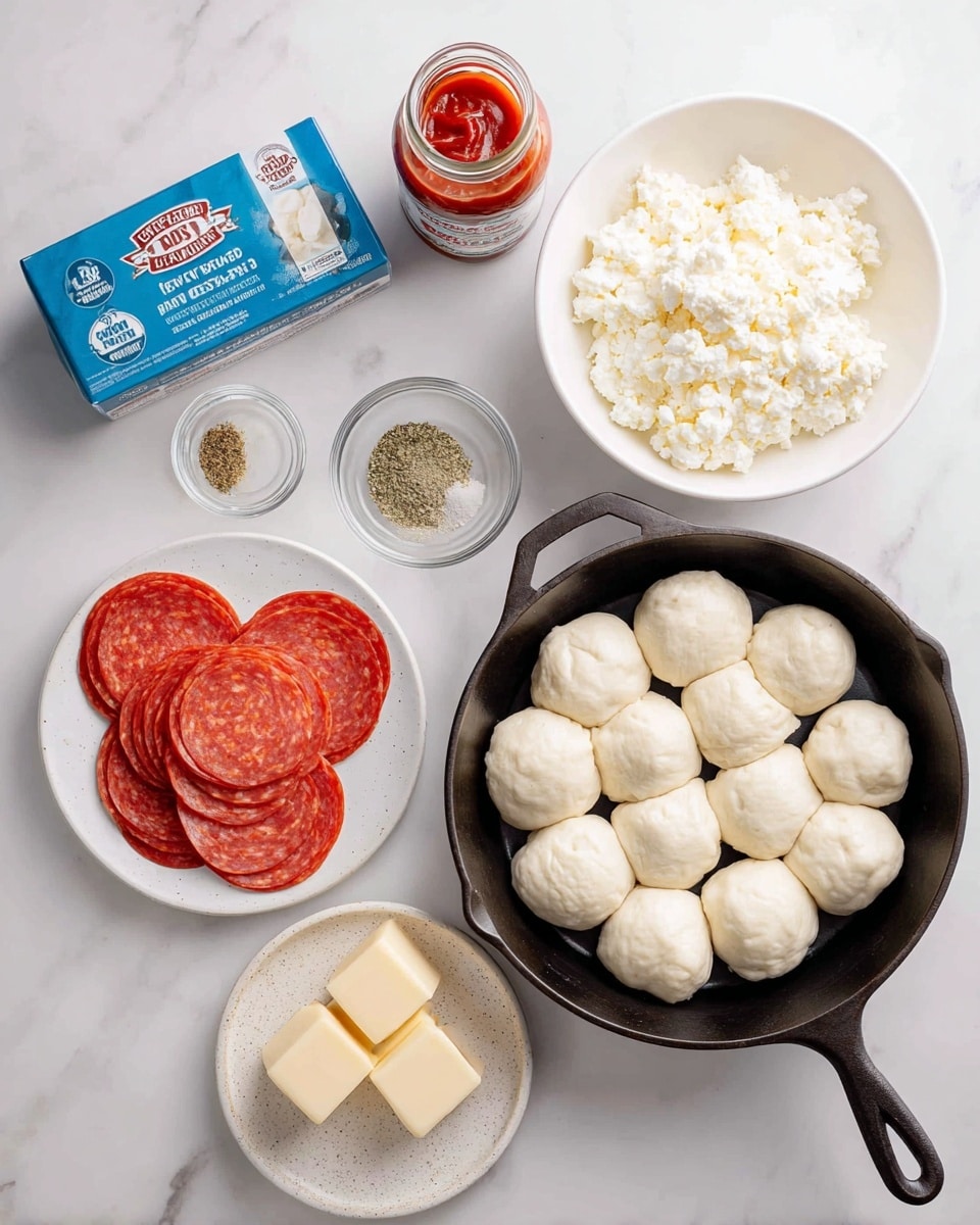 The image shows ingredients arranged neatly on a white marbled surface. On the top right, there is a white bowl filled with crumbled white mozzarella cheese. Below it, a black cast iron pan holds about thirteen small, round frozen dough rolls with a smooth pale surface. To the left of the pan, a rectangular blue block of cream cheese is placed horizontally. Above the cream cheese, two small clear glass bowls contain finely ground light beige garlic powder and dark green Italian seasoning. On the far left, there is a jar of deep red pizza sauce with a dark green lid. Below this jar, a white plate holds several bright red round slices of pepperoni with visible texture. Lastly, a small white plate at the bottom left corner contains several pale yellow slices of butter with smooth textures. Photo taken with an iphone --ar 4:5 --v 7