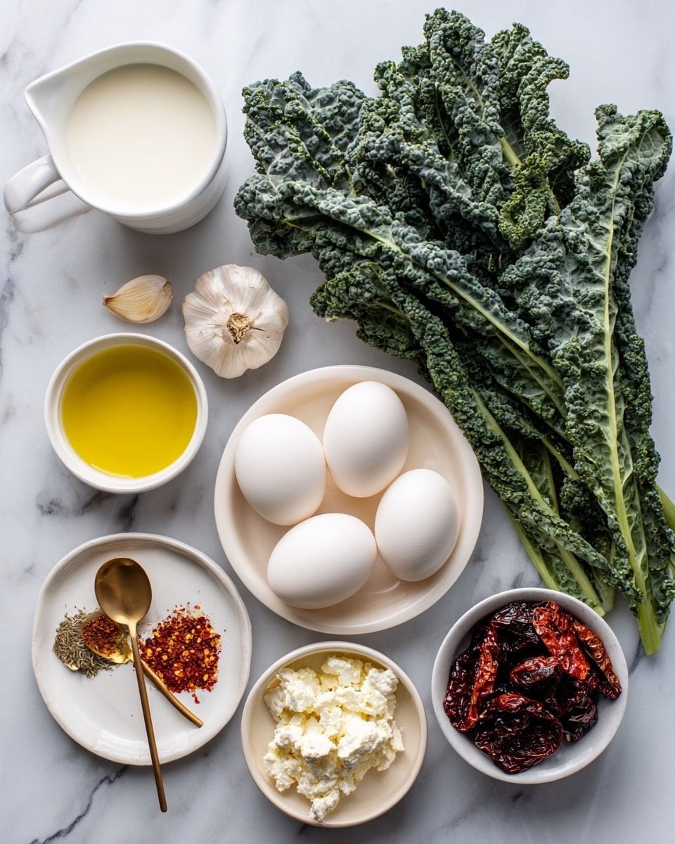 The image shows a clean layout of ingredients on a white marbled surface. At the top right is a bunch of fresh, curly dark green kale with a rough texture. Below the kale, a white bowl holds five smooth white eggs. To the right of the eggs, there is a white bowl filled with crumbly white goat cheese. Near the center bottom, a white small bowl holds smooth yellow egg whites. To the left of the egg whites bowl, a small white bowl contains dark, wrinkled sun-dried tomatoes. Above that are two golden spoons lying on a small white dish with coarse black pepper, red pepper flakes, and Italian seasoning, described by text labels. To the upper left of the spoons, a single clove of pale garlic rests next to a white creamer bowl filled with creamy off-white milk. Below the milk is a small white bowl filled with golden olive oil. The setup is neat and well spaced, each ingredient arranged plainly and clearly labeled with text. Photo taken with an iphone --ar 4:5 --v 7