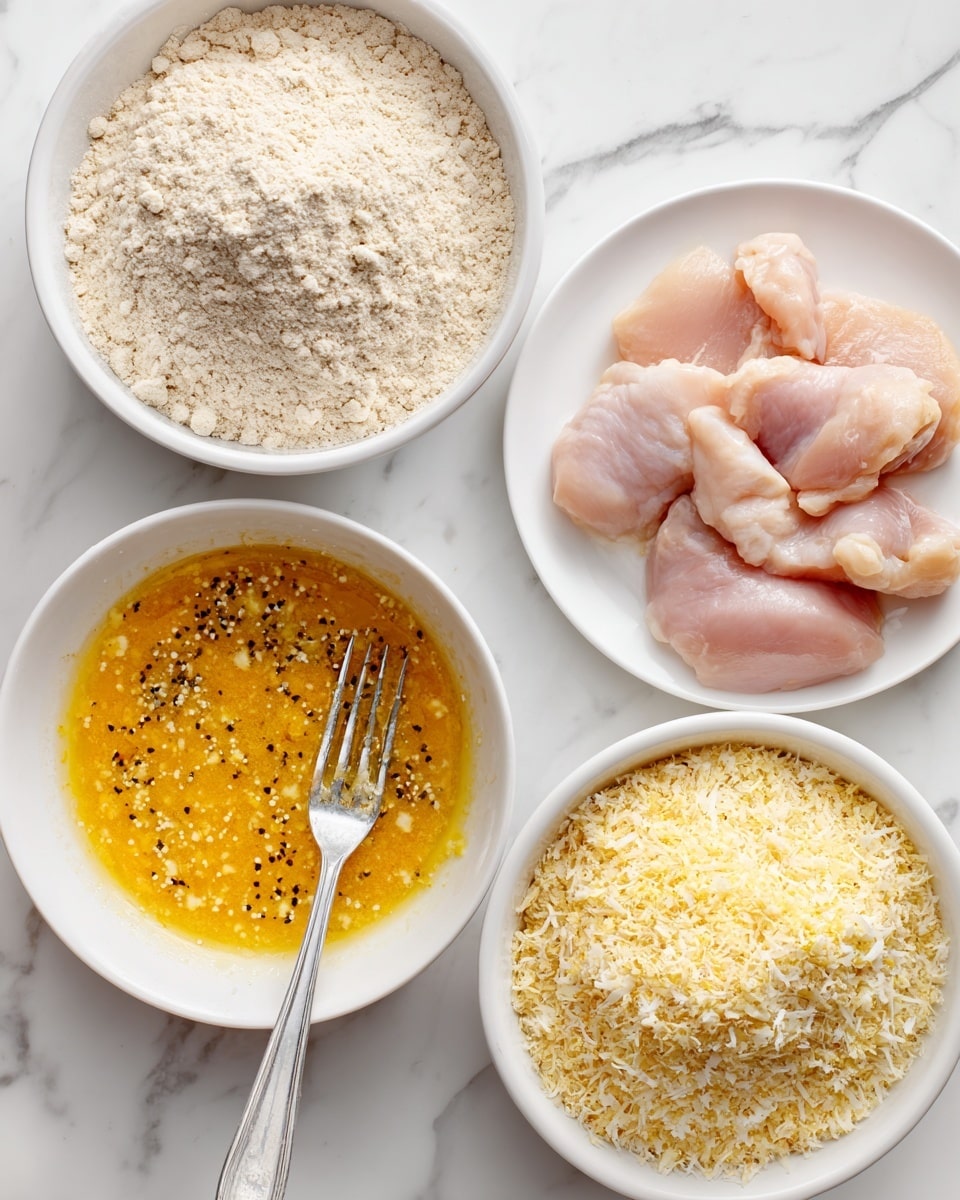 The image shows four white bowls and plates arranged on a white marbled surface. In the top left, a white bowl holds a light beige flour mixture with a powdery texture. To its right, a white plate contains several raw pink chicken strips neatly placed side by side. Below the flour bowl, another white bowl contains a bright yellow beaten egg mixed with small specks of seasoning, with a silver fork resting inside. At the bottom right, a white bowl is filled with a dry mixture of light beige panko breadcrumbs combined with shredded white coconut, creating a textured layer. The items are labeled in black text as flour, chicken, egg, and panko breadcrumbs coconut. photo taken with an iphone --ar 4:5 --v 7