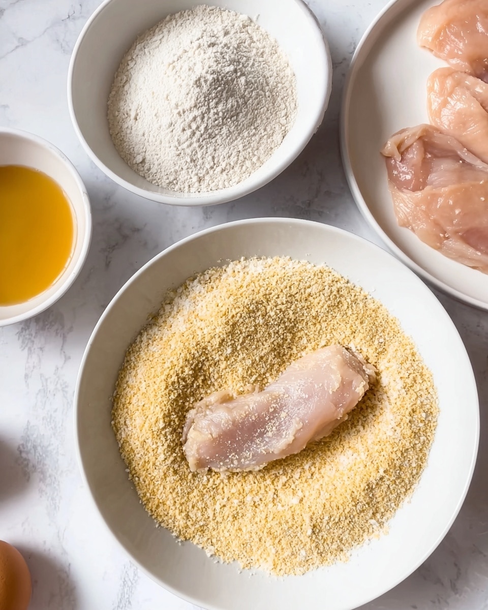 The image shows a white speckled bowl with light yellowish breadcrumbs inside. A piece of marinated raw chicken, light brown and shiny with spices, is partially dipped in the breadcrumbs. Nearby, on a white marbled surface, are three white bowls: one with pale flour, another with a yellowish wet mixture, and the last holding raw chicken pieces which are light pink with a smooth texture, all arranged close to each other. photo taken with an iphone --ar 4:5 --v 7