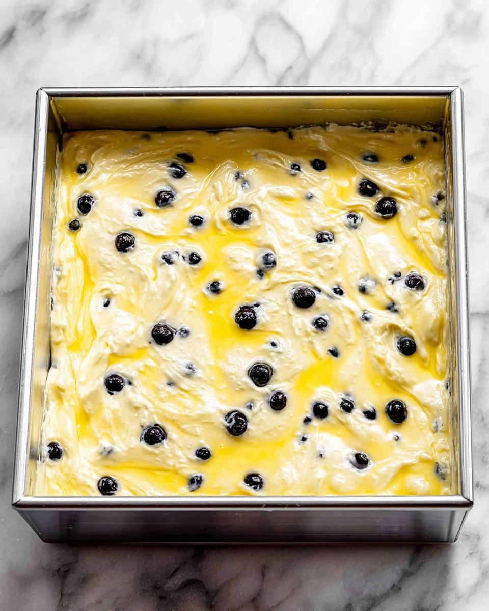 A square silver baking tray filled with a single-layer mixture that looks soft and creamy, mostly pale yellow with white patches and scattered small dark blueberries. The top surface is shiny and smooth with a slight glossy texture, showing some unevenness in the white creamy areas. The tray is placed on a white marbled surface. photo taken with an iphone --ar 4:5 --v 7