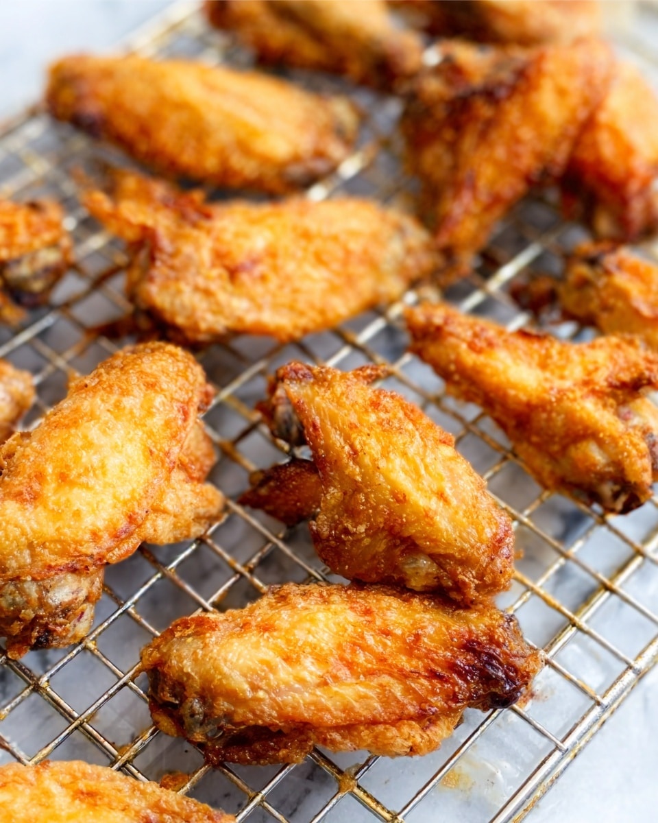 The image shows several golden brown fried chicken wings placed on a metal cooling rack above a white marbled surface. The crispy texture on the wings is visible with some darker browned spots, indicating a well-fried crust. The chicken wings are arranged irregularly, filling most of the frame, and the background is softly blurred to focus attention on the wings. photo taken with an iphone --ar 4:5 --v 7