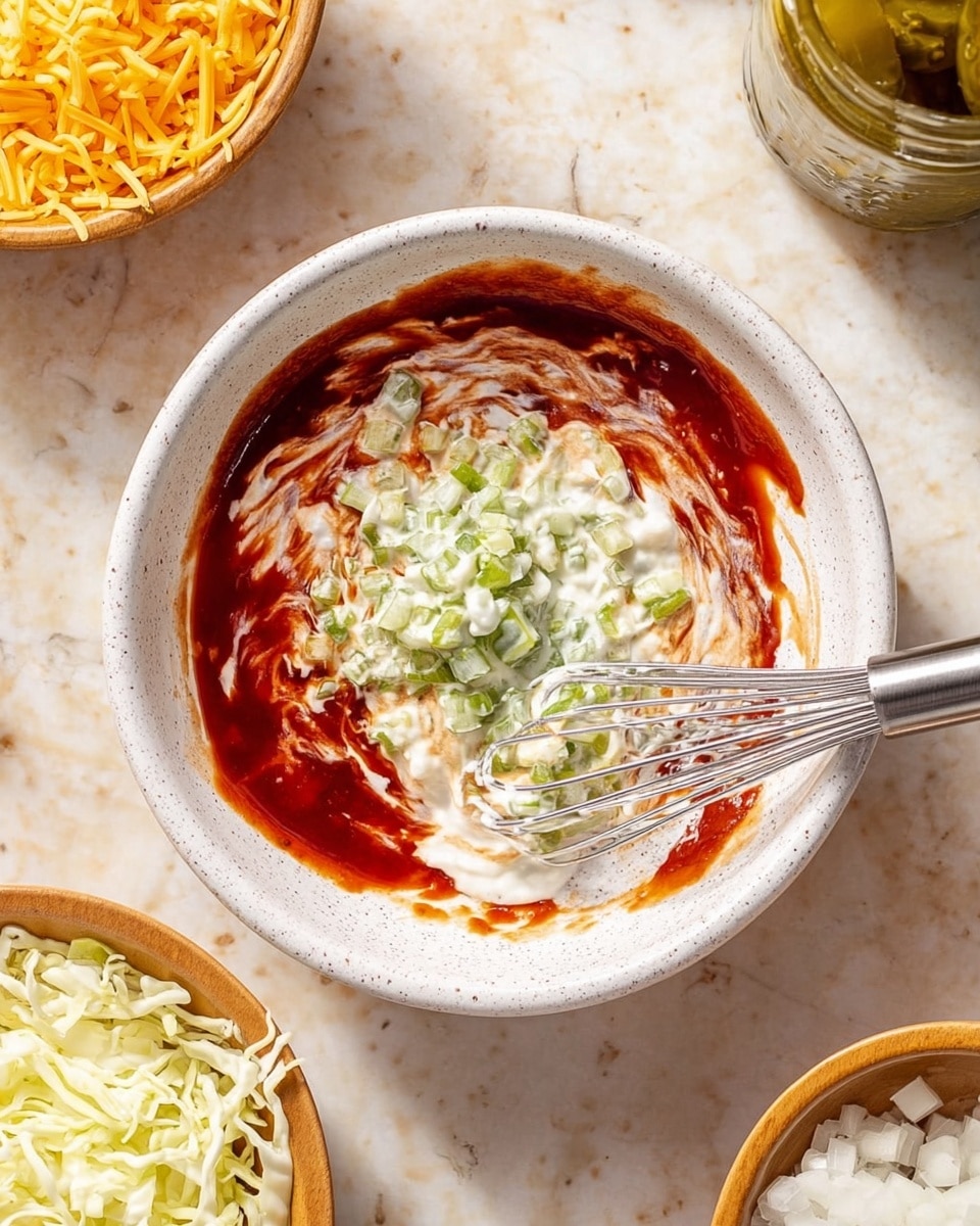 A white speckled bowl on a white marbled surface holds a sauce with three distinct layers swirling together. The bottom layer is a deep red sauce, smooth and glossy, spreading across the base of the bowl. On top of it, there is a creamy white layer with a light texture that blends softly with the red sauce. Scattered throughout and around these layers are small green diced pieces adding a chunky texture mainly on one side of the bowl. A silver whisk is partially immersed on the right side, mixing the ingredients together. Around the bowl, there are bowls of shredded pale yellow cabbage, shredded bright orange cheese, and chopped white onions. A jar with a light green pickled item is partially visible at the upper right. photo taken with an iphone --ar 4:5 --v 7