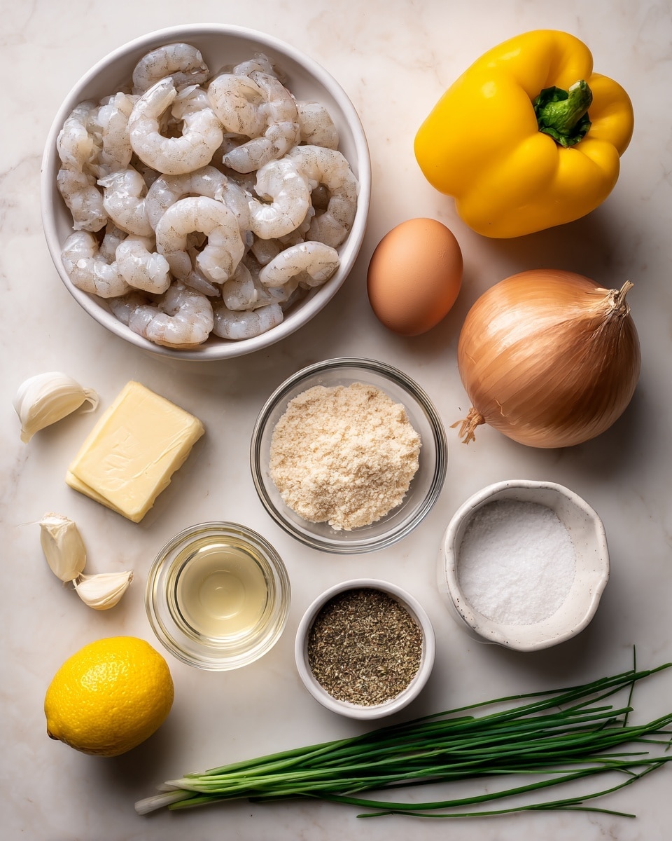 A top-down view shows ingredients neatly arranged on a white marbled surface. In a white metal bowl on the top left are peeled and cleaned shrimp, pale gray with a slightly translucent texture. To the right, a whole yellow bell pepper sits next to a small, round, light brown onion. Near the middle left, a small clear bowl contains a brown egg. Beside it, a small clear bowl holds pale beige bread crumbs. A bright yellow lemon rests close by. Lower left shows several peeled white garlic cloves, a pale yellow stick of butter, and a clear glass cup filled with light yellowish-white white wine. In the center bottom, fresh green chives lie on the surface. To the right, a small white cup with green and brown Tuscan seasoning and a white cup of pale creamy mayonnaise sit next to a white bowl of white salt. All items are clearly labeled with white text. Photo taken with an iphone --ar 4:5 --v 7