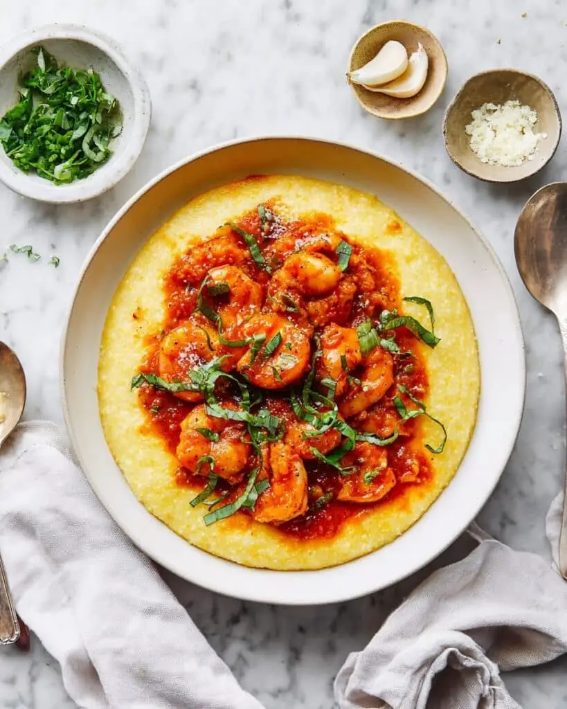 Shrimp and Harissa Polenta Bowls with Basil and Lemon Recipe