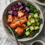 Kale Salad with Salmon Bites and Roasted Sweet Potatoes Recipe