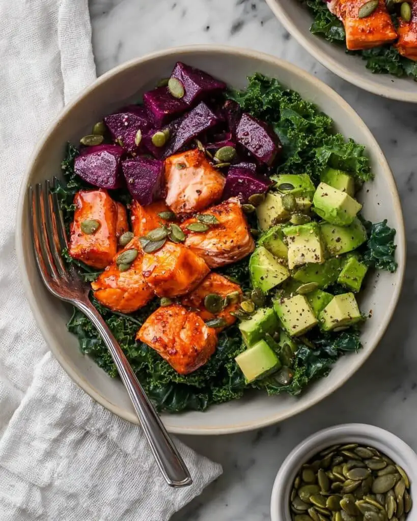 Kale Salad with Salmon Bites and Roasted Sweet Potatoes Recipe
