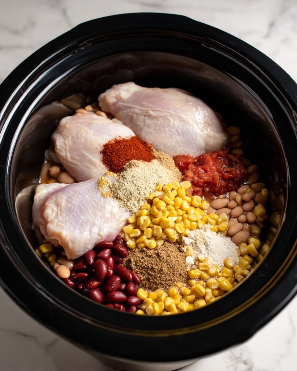Inside a black slow cooker, there are two large, pale raw chicken pieces placed on top of several layers. Below the chicken, there is a layer of light brown beans on one side, bright yellow corn kernels at the bottom center, and dark red diced tomatoes on the right. On top of the chicken, there is a pile of spices in different colors: dark red chili powder on the left, white garlic powder in the middle, light brown ground cumin next to it, and pale yellow onion powder on the right. The slow cooker sits on a white marbled surface. photo taken with an iphone --ar 4:5 --v 7