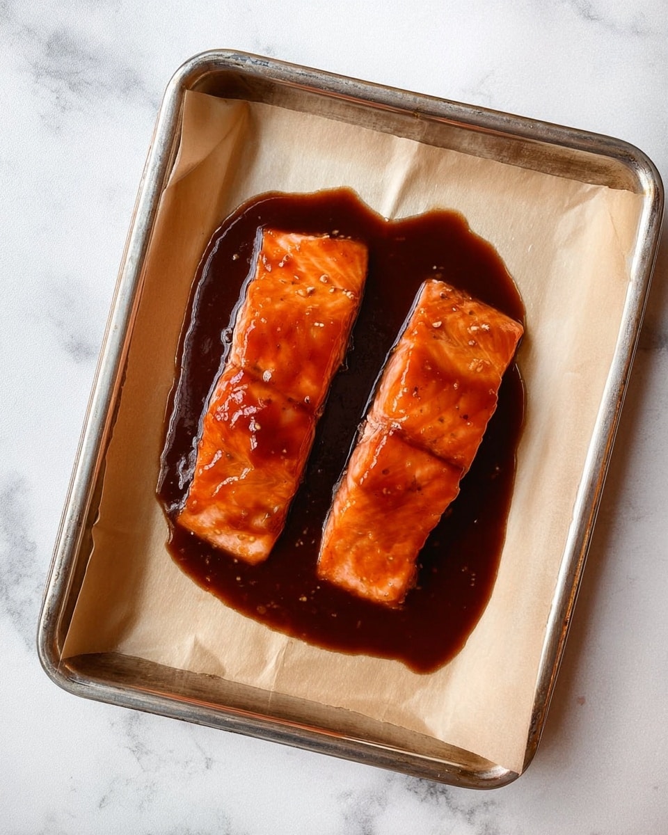 The image shows two rectangular pieces of salmon with a shiny, orange glaze covering each piece. The salmon is placed side by side on a sheet of parchment paper, which lies inside a metal baking tray. A thick, dark brown sauce pools around the salmon pieces, creating a glossy texture and rich color contrast against the pale parchment paper and silver tray. The background has a white marbled texture. photo taken with an iphone --ar 4:5 --v 7
