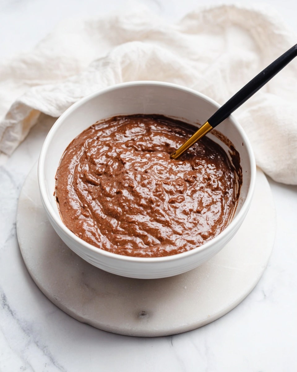 A single white bowl filled with thick, chunky chocolate batter that has a glossy, slightly lumpy texture with visible bits throughout. A black spoon with a gold handle rests inside the bowl on the right side, slightly covered by the batter. The bowl sits on a round white marble plate on a white marbled surface, with a soft, crumpled off-white cloth partially visible in the background. photo taken with an iphone --ar 4:5 --v 7