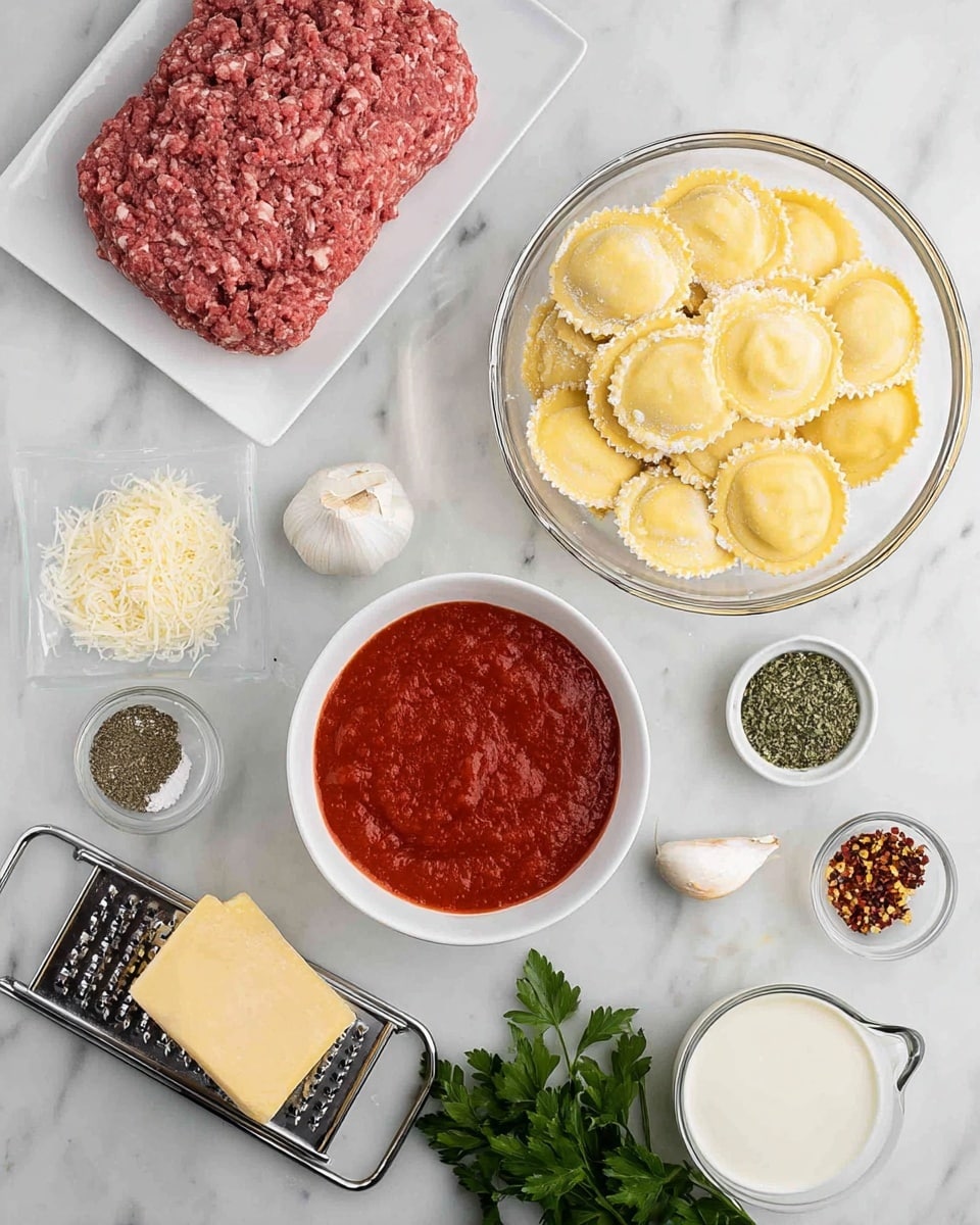 The image shows fresh cooking ingredients arranged on a white marbled surface. On the top left, a white rectangular plate holds a large portion of raw ground meat with a coarse texture. To the right, there is a clear round bowl filled with pale yellow ravioli, each piece round with scalloped edges and a dusting of flour. Below it, there is a white round bowl filled with thick, rich red tomato sauce with some texture visible on the surface. In the lower part of the image, a metal grater holds a block of pale-yellow cheese ready for shredding. Around these main items, there are small bowls with green herbs, crushed red pepper flakes, and seasonings, plus three garlic cloves and a clear measuring cup with milk. Fresh green parsley is in the bottom left corner. Photo taken with an iphone --ar 4:5 --v 7