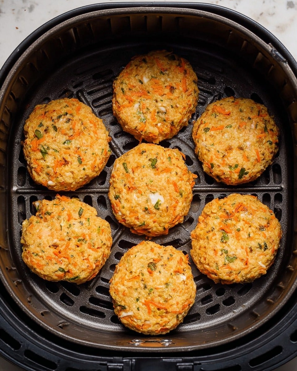 The image shows eight light orange patties arranged inside a black air fryer basket. Each patty is round and slightly uneven in shape, with visible small bits of green herbs and white pieces mixed throughout. The texture looks soft and crumbly, with some shredded orange ingredients on the surface. The air fryer basket has a perforated bottom and is placed on a white marbled surface. photo taken with an iphone --ar 4:5 --v 7