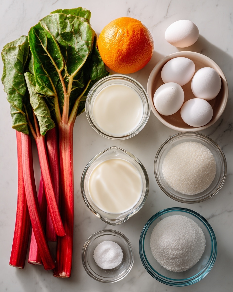 The image shows fresh rhubarb with long bright red stalks and green leaves lying diagonally on a white marbled surface on the left side. On the right side, there is a whole orange with bright orange skin, labeled