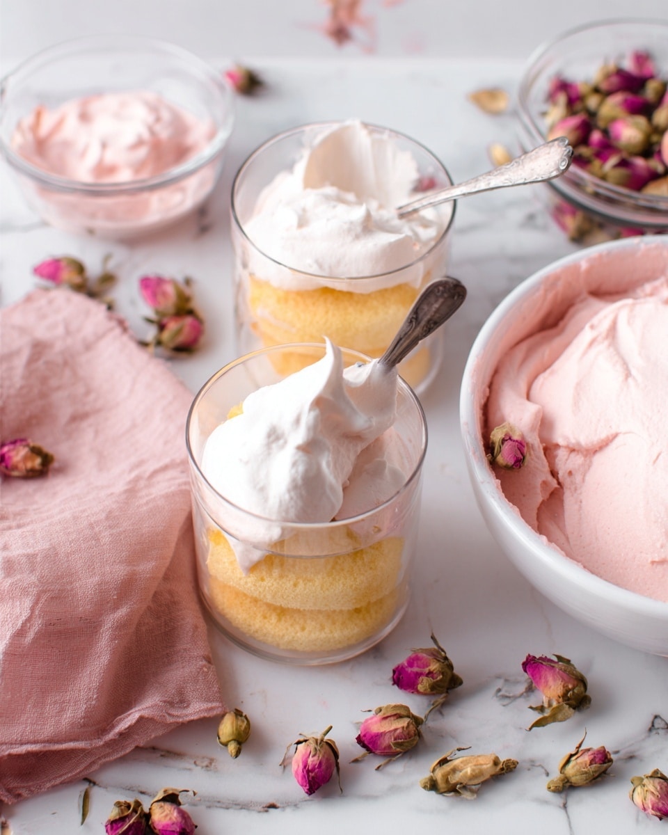 The image shows two clear glass cups each filled with three layers: a bottom layer of yellowish sponge cake, a middle layer of light brown cream, and a top layer with a spoonful of white whipped cream. One spoon is resting inside the right cup, holding the whipped cream above it. Nearby, there is a small clear bowl filled with light pink creamy mousse, and to the right is a large white bowl full of the same pink mousse. Dried rose petals and rosebuds are scattered around on a white marbled surface. A folded pink cloth napkin is partly underneath the large bowl. Photo taken with an iphone --ar 4:5 --v 7