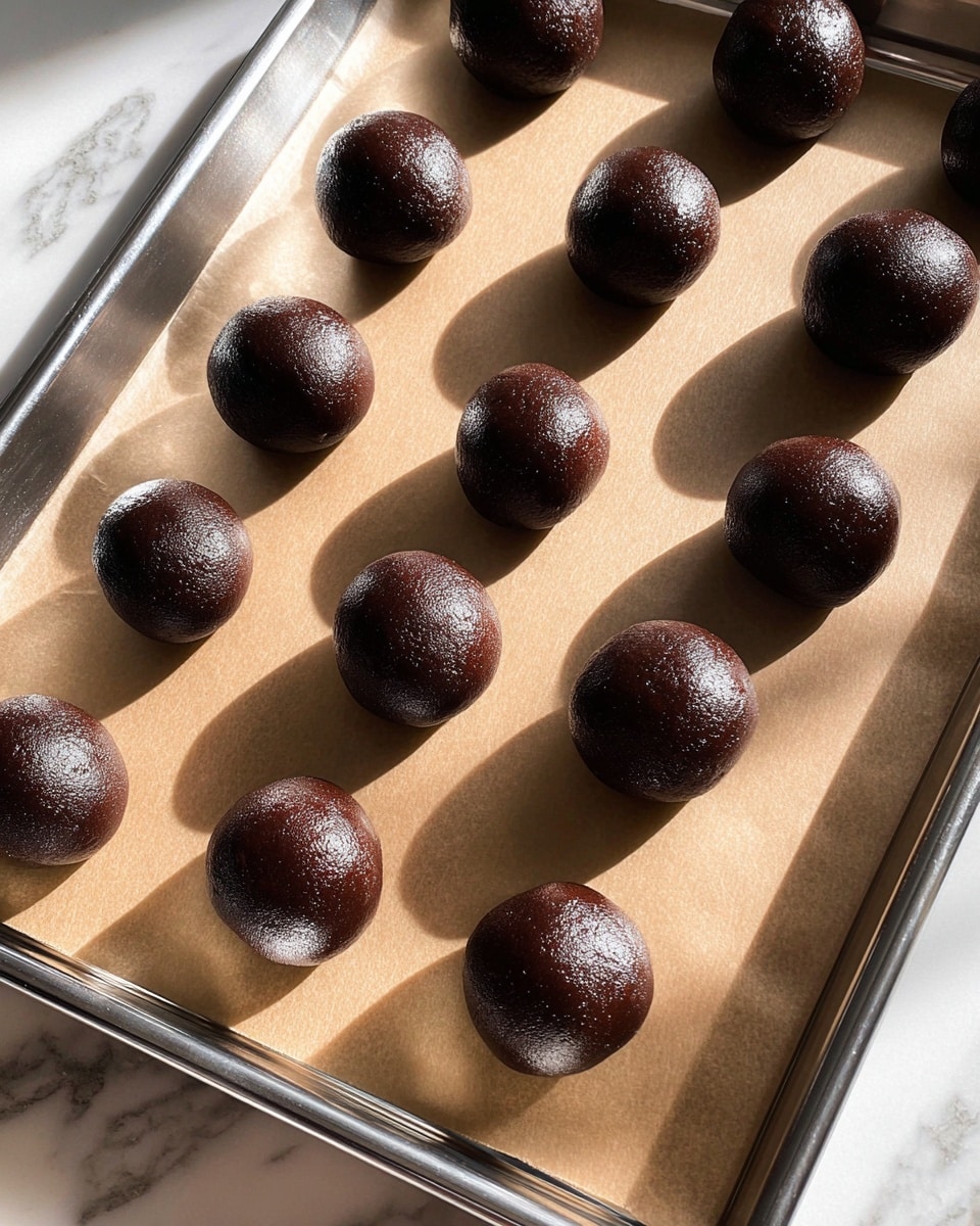 A shiny metal baking tray holds 16 round dough balls evenly placed on light brown parchment paper. The balls are two dark brown colors, some almost black with a glossy smooth texture, while others are a lighter chocolate brown with a slightly cracked surface. The tray is set on a surface with a white marbled texture, and sunlight casts soft shadows behind the dough balls, showing their round and puffy shape. photo taken with an iphone --ar 4:5 --v 7