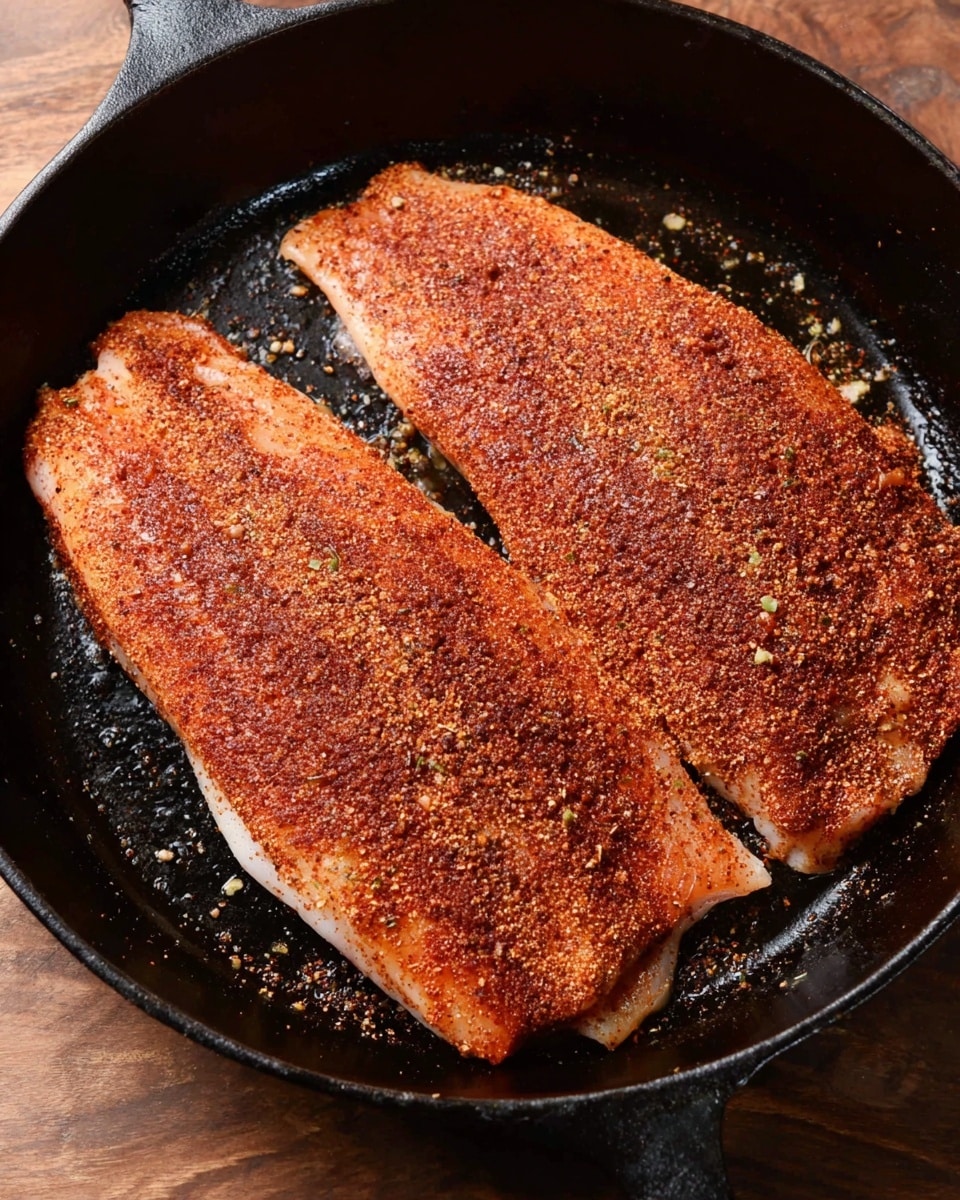 The image shows two large fish fillets in a black cast-iron skillet. Each fillet is covered with a rich layer of spices that look like a mix of deep reddish-brown and light brown powders, giving them a textured, slightly rough surface. The fillets lie flat, overlapping a little, with some small bits of seasoning sprinkled unevenly on top. The skillet sits on a wooden surface, but the background is changed to a white marbled texture. The seasoning’s color and grainy texture contrast with the pale pink flesh of the fish peeking through in some thinner areas. The image has natural light highlighting the colors and textures. Photo taken with an iphone --ar 4:5 --v 7