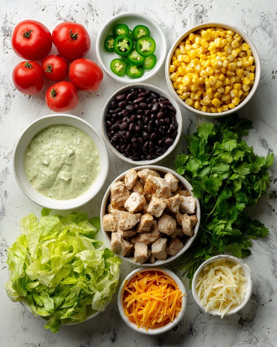 The image shows small white bowls with different ingredients arranged on a white marbled surface. One bowl holds cooked chicken pieces, which are light brown and white with a slightly crisp texture. Another bowl contains a creamy cilantro and lime dressing, pale green with visible green flecks. Next is a bowl filled with bright yellow sweetcorn kernels, shiny and plump. There is also a bowl of black beans, smooth and shiny with a deep black color. A small white bowl holds green jalapeno slices with seeds visible. Another bowl contains shredded orange cheese, thin and stringy. Fresh green lettuce leaves with a textured surface are placed next to the bowls. Two whole red tomatoes and a bunch of fresh cilantro leaves with stems complete the arrangement. All ingredients are neatly placed on the white marbled surface. photo taken with an iphone --ar 4:5 --v 7