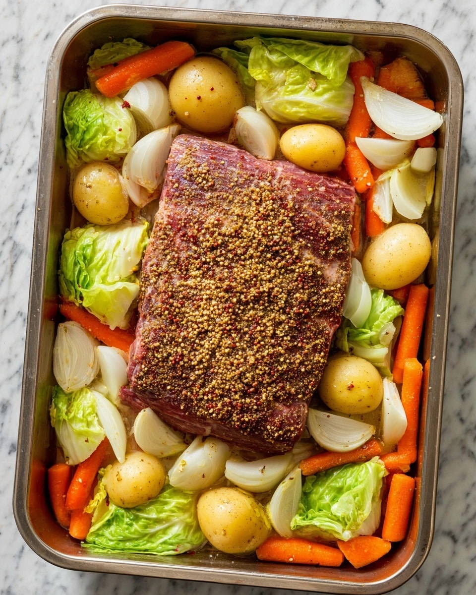 A rectangular metal pan holds a large piece of seasoned meat in the center, covered with coarse mustard seeds and spices. Around the meat, there are layers of colorful vegetables: chunks of orange carrots, quartered white onions, small whole yellow potatoes, and thick wedges of green cabbage. The vegetables are spread evenly around the meat, creating a colorful and textured border within the pan. The background shows a white marbled surface. Photo taken with an iphone --ar 4:5 --v 7