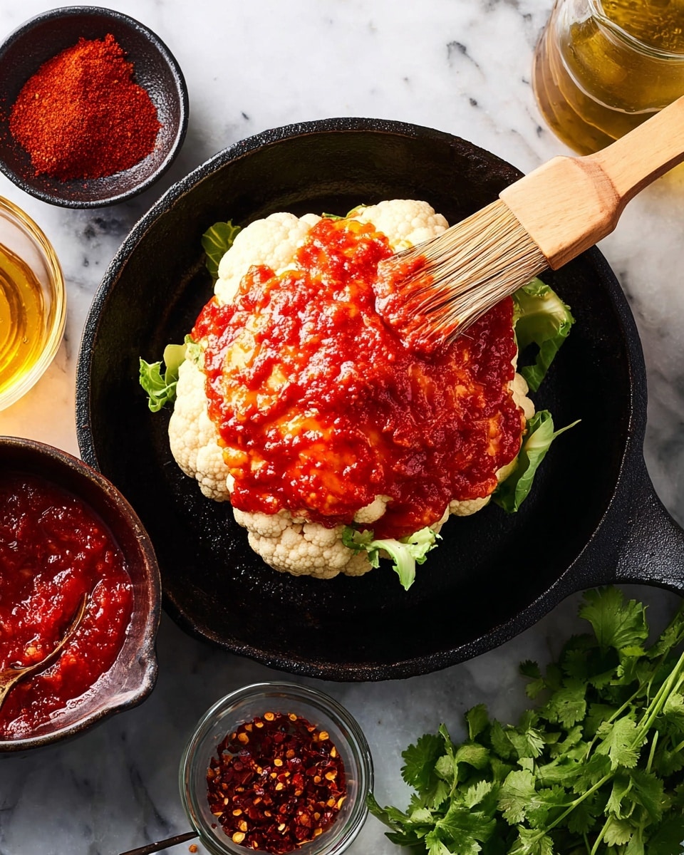 A whole cauliflower head sits in the center of a black cast iron pan on a white marbled surface, covered with a thick layer of bright red spicy sauce. The cauliflower is light cream colored with small green leaves peeking out under it. A wooden brush with natural bristles is spreading the sauce on the top of the cauliflower. Around the pan, there is a small black bowl with red chili powder, a glass bowl filled with chunky red sauce, a small metal scoop with red chili flakes, and fresh green cilantro leaves. A glass container with golden oil is on the top right side of the image. Photo taken with an iphone --ar 4:5 --v 7